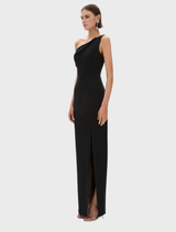 A stylish black Emile gown draped elegantly, highlighting its luxurious fabric and refined cut suitable for evening wear.
