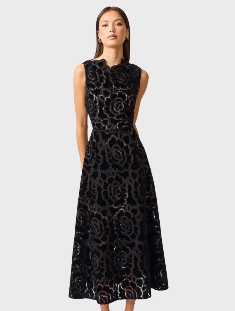 Stunning black lace dress, an excellent choice for a night out, highlighting its elegant fabric and timeless style.