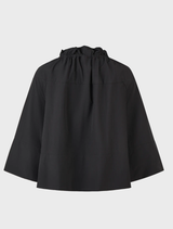 A cropped black jacket featuring an open neck design, showcasing a modern and stylish look.
