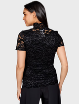 Elegant black pullover adorned with floral lace, perfect for adding a touch of sophistication to any outfit.