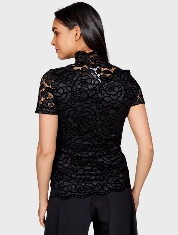 Elegant black pullover adorned with floral lace, perfect for adding a touch of sophistication to any outfit.