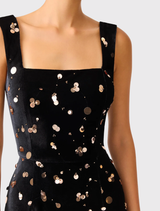 Luxurious black and gold gown with a contemporary square neckline, adjustable straps, and minimal stretch for comfort.