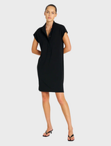  Elegant black dress with short sleeves, perfect for various occasions.