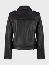 Black Hudson leather biker jacket laid flat, emphasizing its modern cut and stylish details.