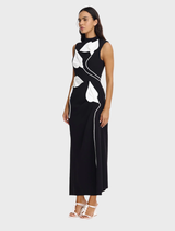Elegant Kadence midi dress in black and ivory, showcasing a chic and versatile style for any event.