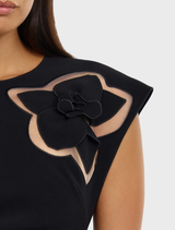 Black Koda Midi Dress with a refined, sculptural silhouette, crafted from bonded crepe, ideal for cocktail evenings and formal events.