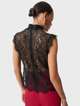 Fitted black lace top featuring a mock neck, cap sleeves with scalloped edges, and an invisible back zipper for closure.