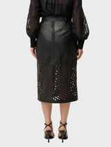 Stylish black leather midi skirt with intricate lattice laser cuts, offering a unique and eye-catching design for any occasion.