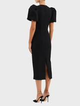 Classic black midi dress designed with a sleek fit and graceful movement, perfect for a variety of events.