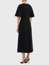 Black Noemie Midi Dress featuring diamante embellishments, crew neckline, flounce sleeves, and a flattering fit and flare silhouette.