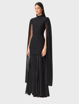 Chic black gown with flowing cape sleeves, designed for a refined and elegant look at special events.