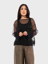 Black Pacos top featured on a hanger, emphasizing its modern cut and smooth material.