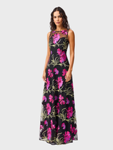 Stylish black and pink floral gown, combining classic elegance with a modern floral print for a chic look.