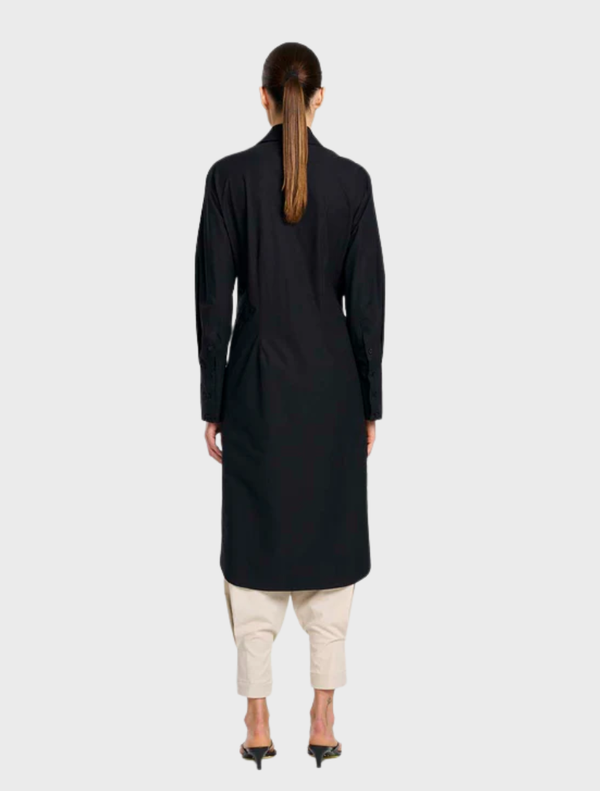 Elegant black shirt dress designed with a fitted silhouette, button closure, and short sleeves for a stylish look.
