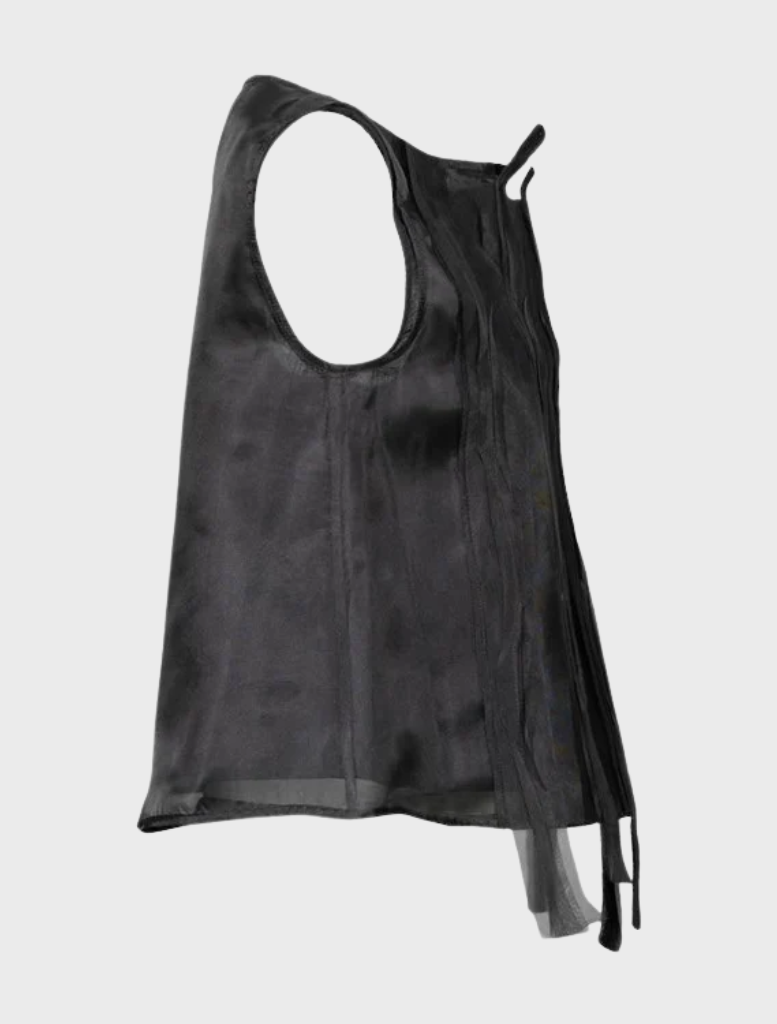 Elegant black sheer silk top featuring a soft, lightweight fabric ideal for stylish layering or evening wear.