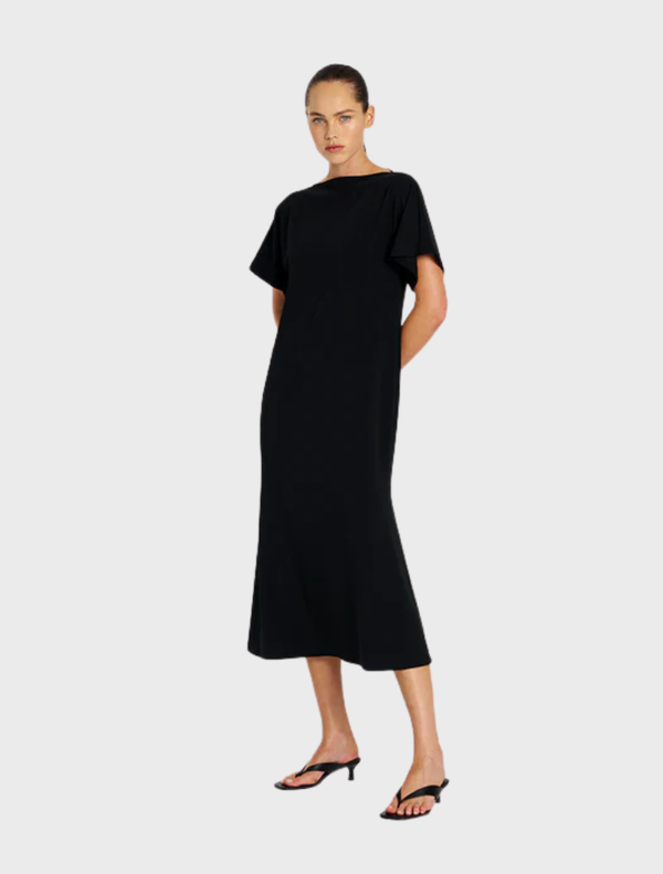 Elegant black dress with a slash neckline, short sleeves, and a tailored fit, perfect for formal occasions.
