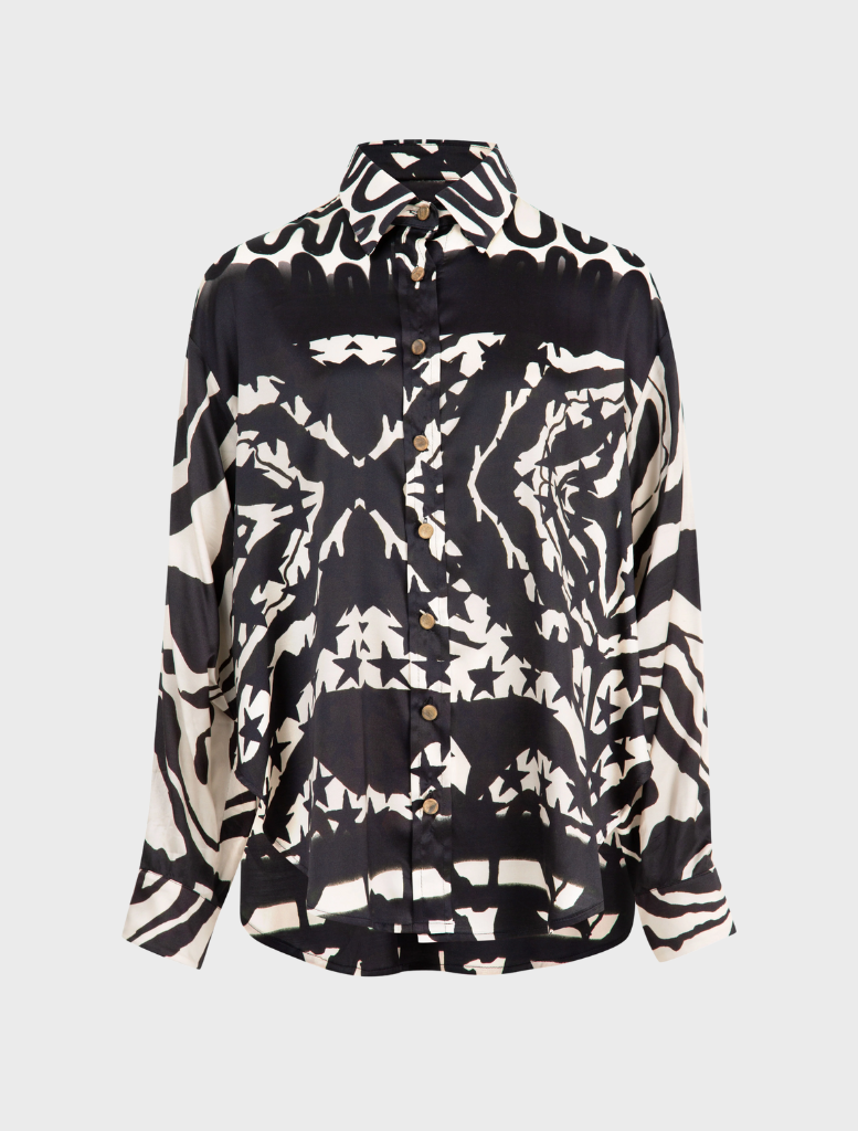 Black and stone casual shirt hanging, illustrating a chic and laid-back fashion choice for various occasions.