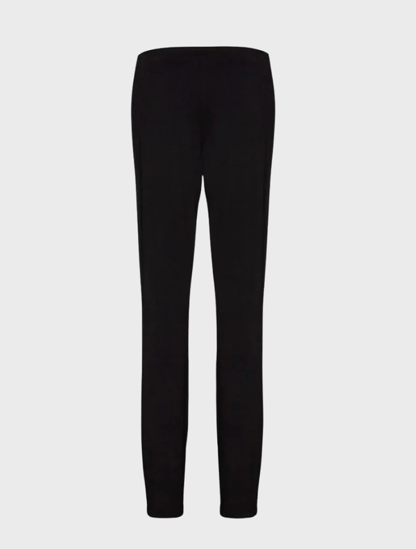 A pair of black straight pants laid flat, highlighting their tailored fit and versatile style for both casual and formal wear.