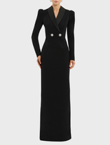 Black Symphony gown with a sleek silhouette and graceful draping, ideal for evening events.