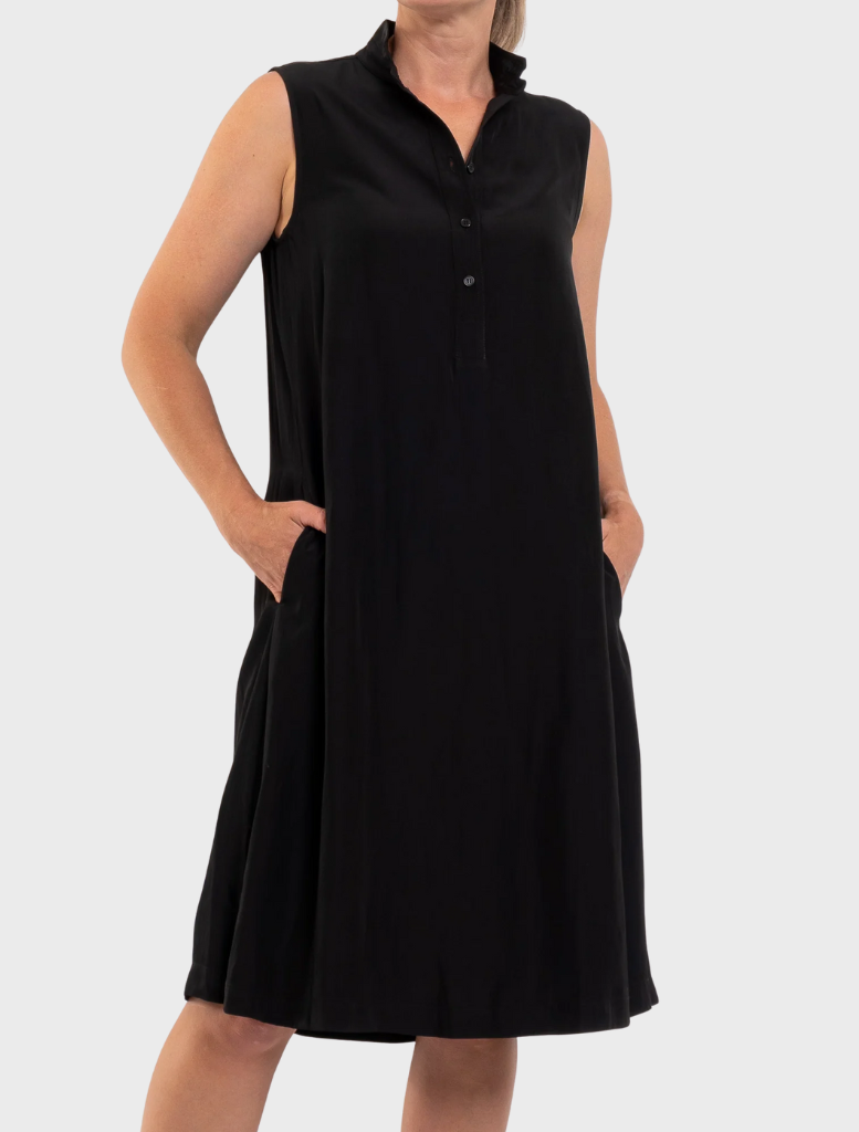  Elegant black Tab Slide Dress with a streamlined fit, ideal for both casual and formal events.