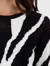 Stylish black sweater with a tiger intarsia design, made from cotton, featuring ajour knit, short sleeves, and regular fit.