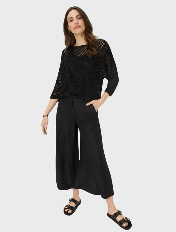 Soft, lightweight black wide leg trousers designed for comfort and ease of movement.