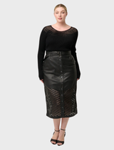 Black sheer knit top composed of viscose and nylon, designed for a chic and breathable fit, ideal for casual or formal wear.