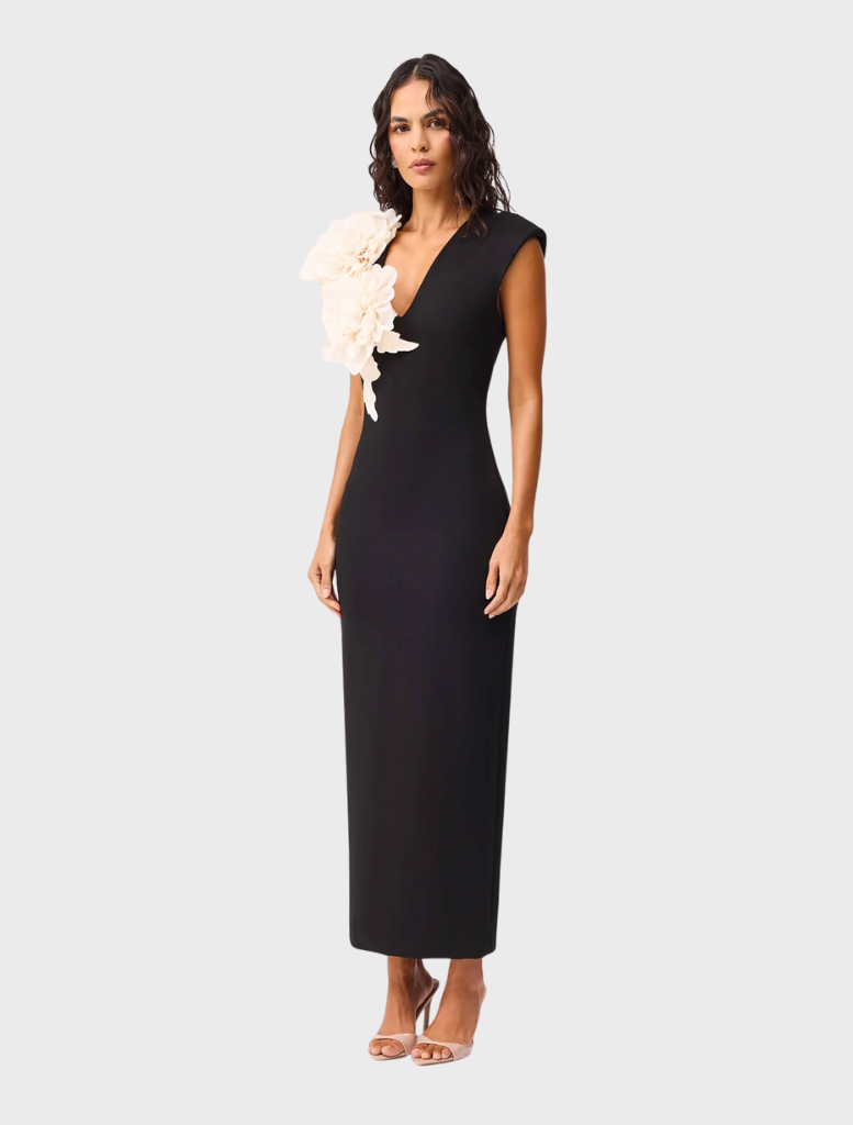 Stylish Zahara V-Neck gown in black, designed with a graceful fit and elegant neckline for formal wear.
