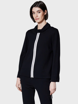 Elegant black cowl top with a zip front, designed for a contemporary fit and versatile styling options.