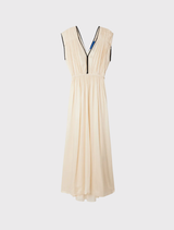 Elegant Greco-Roman-inspired ecru dress with V-neck, black detailing, and adjustable waist tie for a comfortable fit.
