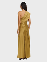 Blenfleet Maxi Dress in Brass, characterized by its graceful length and stylish design, ideal for warm-weather occasions.