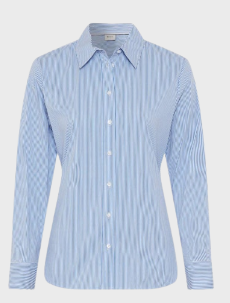 Women's blue blouse featuring a white stripe across the front.