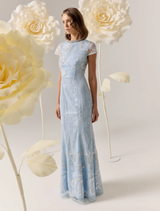 Blue Annabelle gown with cap sleeves, showcasing a sophisticated design ideal for evening events and special occasions.
