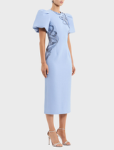 Elegant blue midi dress with puff sleeves, perfect for various occasions.