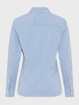 Blue women's blouse with a contrasting white stripe design.