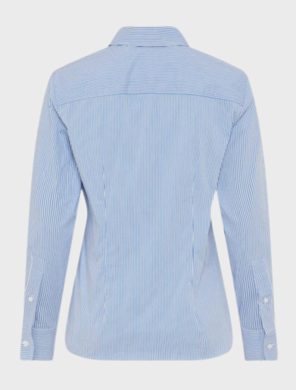 Blue women's blouse with a contrasting white stripe design.