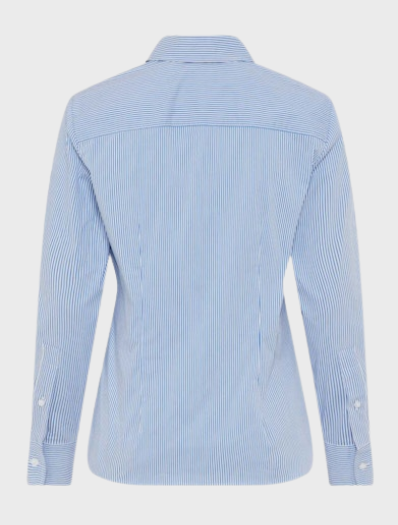 Blue women's blouse with a contrasting white stripe design.