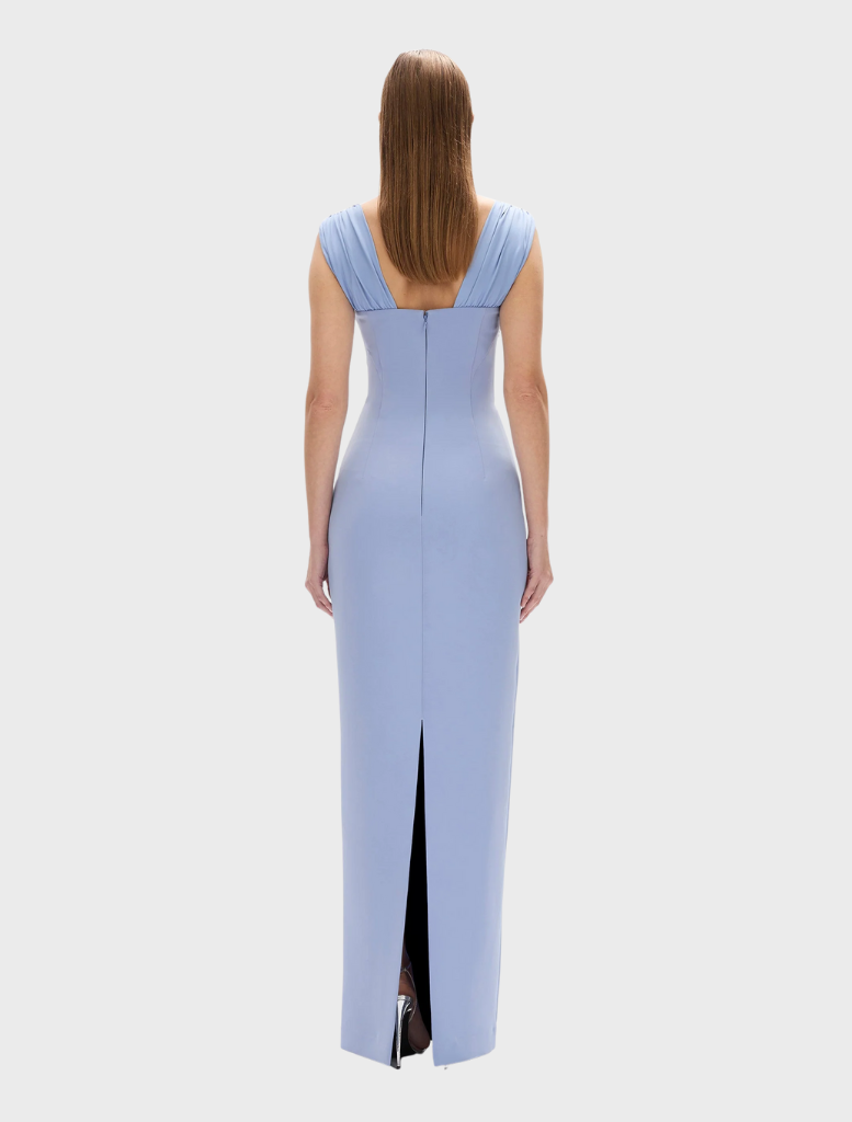 Chic blue Malia gown with a refined silhouette, perfect for adding a touch of elegance to any formal gathering.