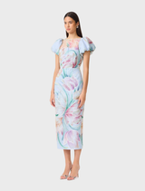 Stylish blue floral midi dress showcasing puff sleeves and a flattering fit, suitable for casual or semi-formal gatherings.