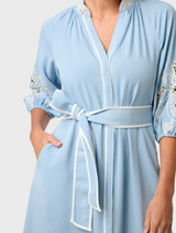 Blue embroidered cotton blend maxi dress named Amara Tencel, featuring a flowing design and intricate detailing.