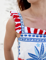 Stylish blue multi dress with a fitted top and flowing skirt, perfect for making a bold fashion statement.