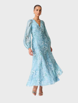 Faye Maxi Dress in blue multi, featuring a long design and long sleeves with a floral pattern.