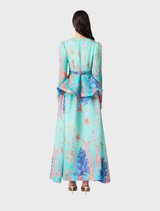 Coral long sleeve maxi dress with a blue multi print, offering a comfortable fit and a fashionable look for various events.