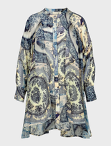 Best In Show shirt in Blue Plate showcases a feminine silhouette with flared panels and a button front in soft georgette.