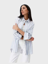 Women's collar blouse in blue and white stripes, offering a chic and versatile look for various settings.