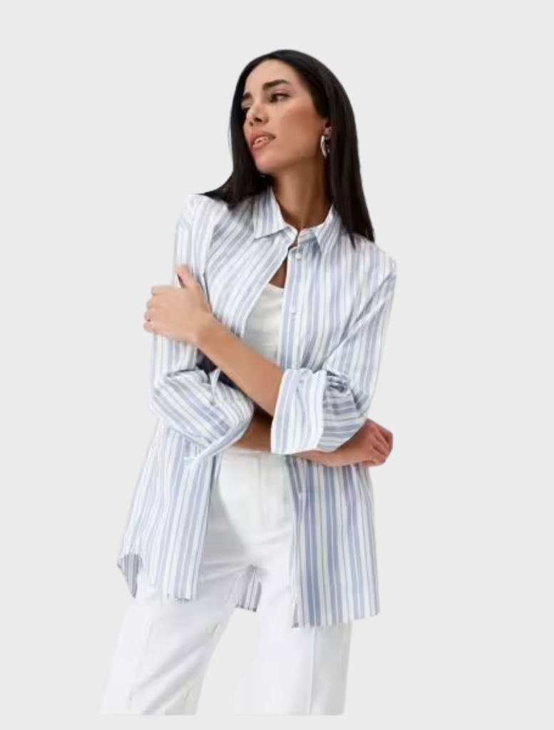 Women's collar blouse in blue and white stripes, offering a chic and versatile look for various settings.