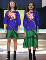 Shift Code dress showcasing a vibrant blue color and tulip design, suitable for various occasions and seasons.