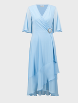 Sky blue midi dress with a V-neck and wrap style, offering a sophisticated look for both casual and formal settings.