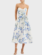 Elegant Bluebell Meadow Midi Dress adorned with a colorful floral print, ideal for casual outings or special events.
