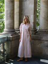 Midi shirtdress in Jaipur Stripe with collared neckline, button placket, gathered sleeves, and A-line silhouette for versatile wear.